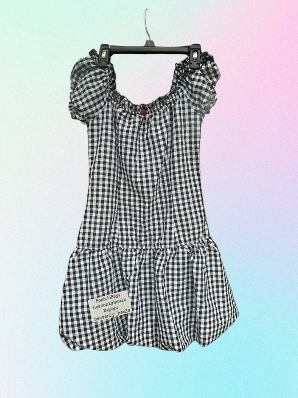 Coquette Gingham Puff Sleeve Bubble Hem Mini Dress w/ Rose Detail Cottagecore